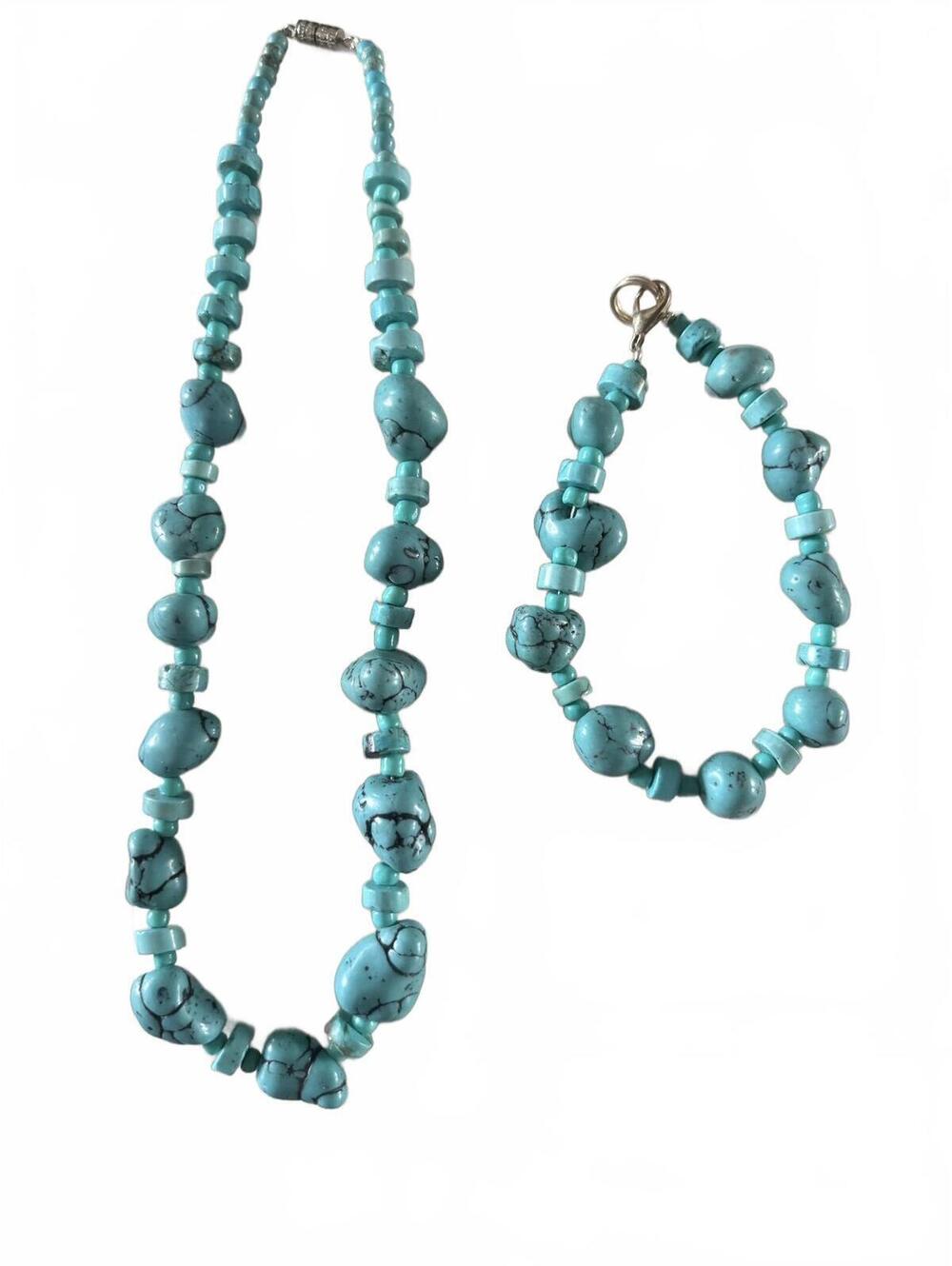Chunky Turquoise Necklace 14" & Bracelet 7" Vintage